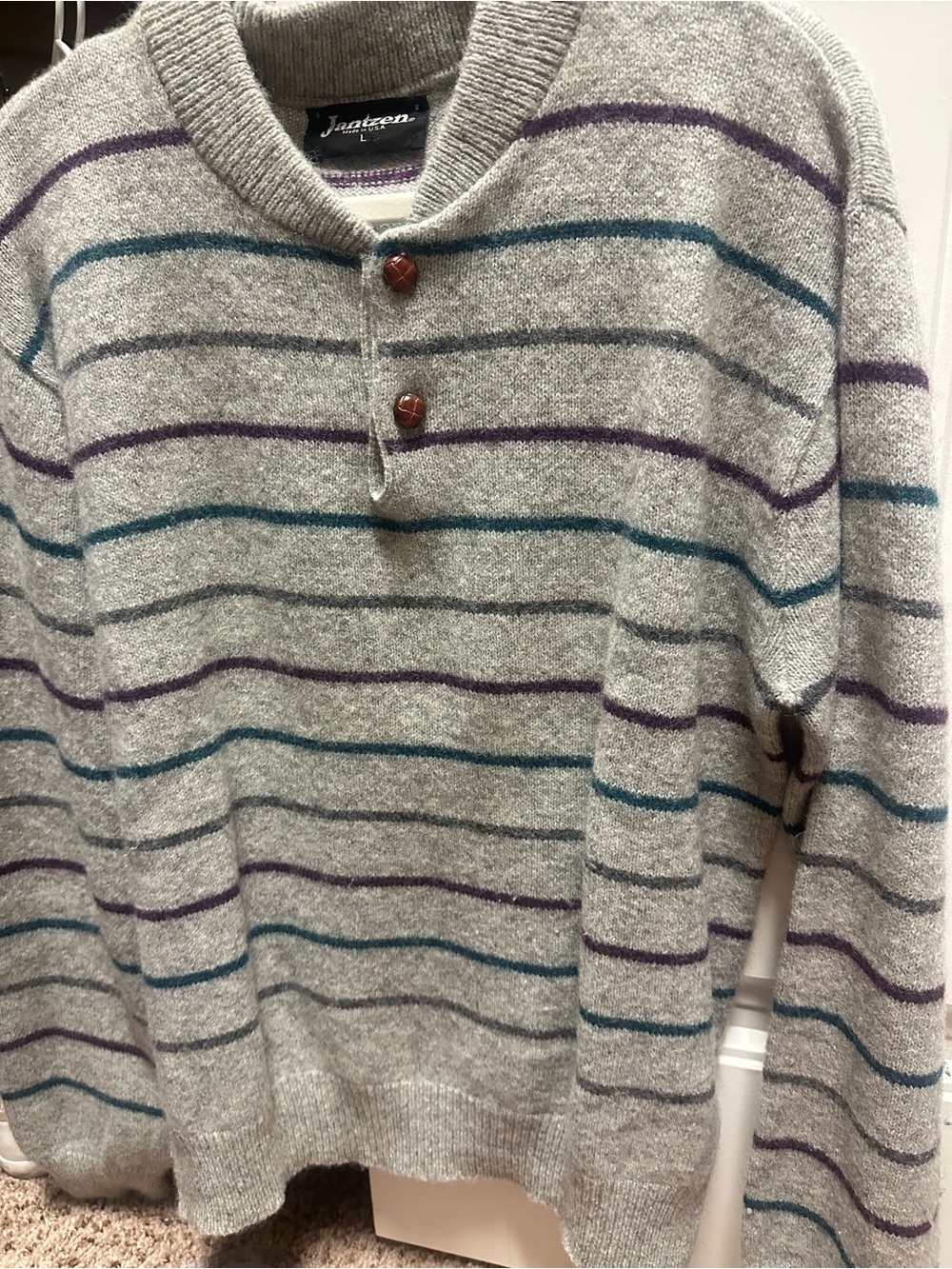 Jantzen Gray Crewneck Sweater with Teal and Purple Stripes